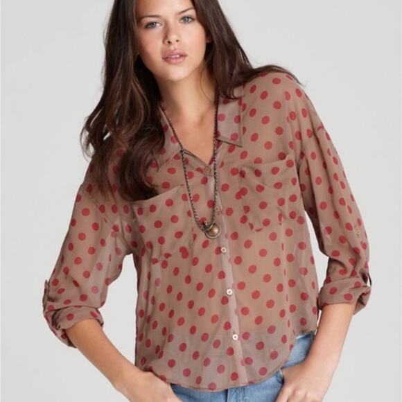 Free People | Women’s Easy Rider Copper Brown Button Down Blouse Polka Dot Shirt - Picture 1 of 10